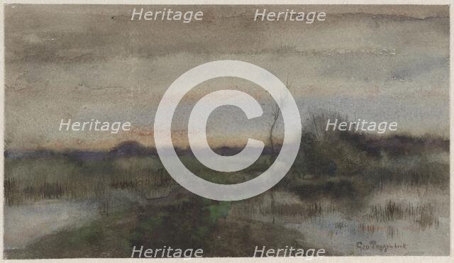 Swamp landscape with sunset, 1863-1903. Creator: George Poggenbeek.