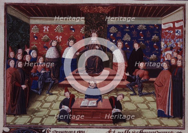 King Richard II of England banishing the Earl Marshall and the Earl of Derby, c1470-c1472.  Creator: Unknown.