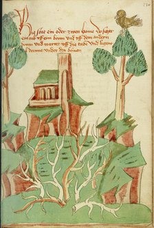 A Landscape with Trees, Thorn Bushes, and a Dove; Barlaam und Josaphat, 1469. Creators: Hans Schilling, Diebolt Lauber.