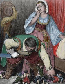 The ogre and Hop-o'-My-Thumb - "Tom Thumb", 1862.  Creator: Gustave Doré.