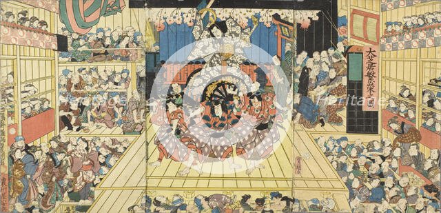Picture of a Crowded Theater Hosting Performance of Sugawara Denju Tenarai Kagami, 1859. Creator: Utagawa Kunisada.