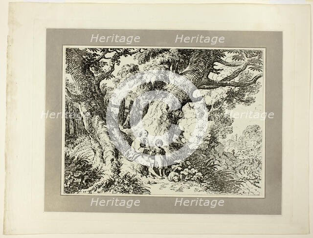 Old Trees with Old Man, a Girl, and a Dog, from the first issue of Specimens of..., 1802. Creator: Richard Corbould.