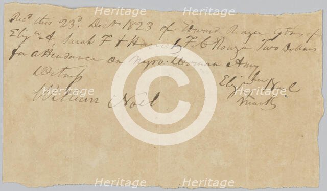 Payment receipt to Elizabeth Noel for "attendance on negro woman Amy", December 23, 1823. Creator: Unknown.