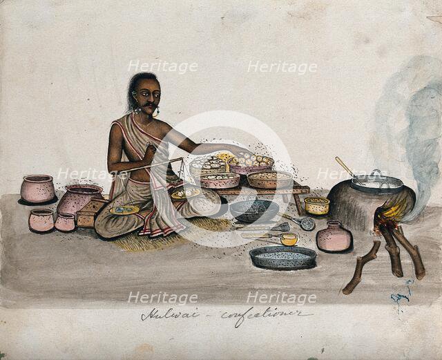 A halwai (sweet maker) weighing some mithai (sweets), (between 1800 and 1899?). Creator: Unknown.