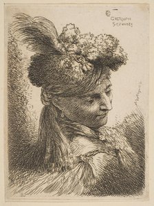 Young man facing three quaters right wearing a fur headdress with a plume, jewel an..., ca. 1645-50. Creator: Giovanni Benedetto Castiglione.