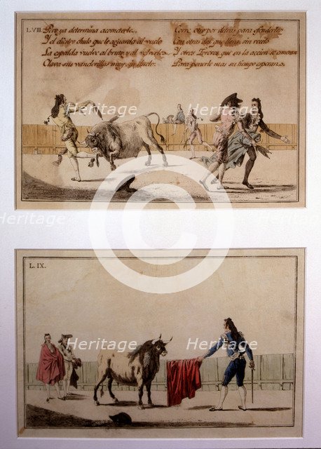  'Suerte de Banderillas' (Bullfighting stage), colored engraving by Antonio Carnicero.