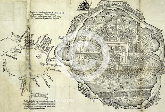 Map of Tenochtitlan, Mexico, with Gulf Coast at left, 1524. Creator: Unknown.
