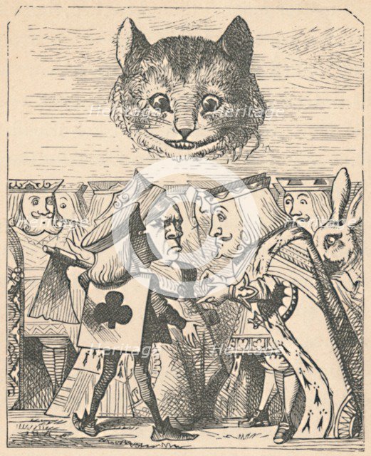 'The Cheshire Cat looking down at the Red King and Queen having an argument', 1889. Artist: John Tenniel.