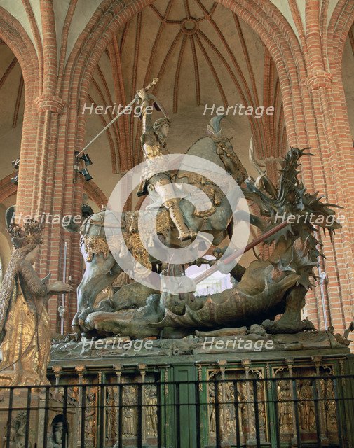 St George and the Dragon statue, inside the Storkyrkan Church, Stockholm, Sweden.