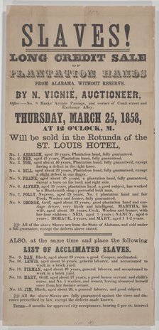 Broadside for a New Orleans auction of 18 enslaved persons from Alabama, 1858. Creator: Unknown.