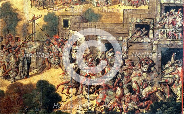 H: They try to tear down the cross in front of the idols and can not. I: stones and arrows agains…