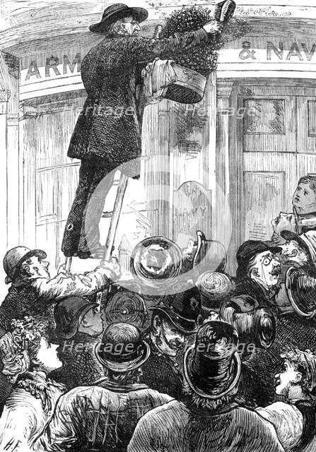 Swarm of bees in Wellington-Street, Strand, 1881. Creator: Unknown.