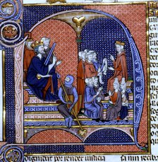 King as judge and two lawyers with their clients, Miniature in 'Vidal Mayor', illuminated manuscr…