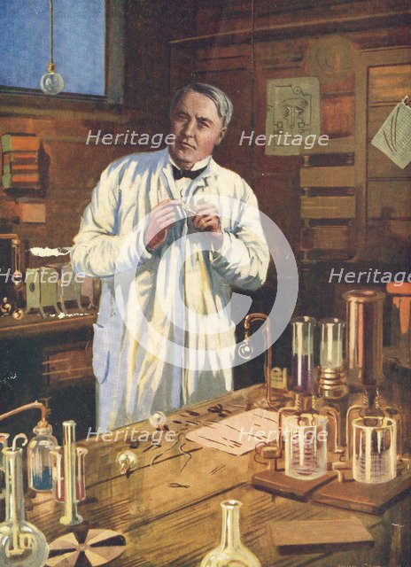Thomas Edison, American inventor, in his laboratory, Menlo Park, New Jersey, USA, 1870s (1920s). Artist: Unknown