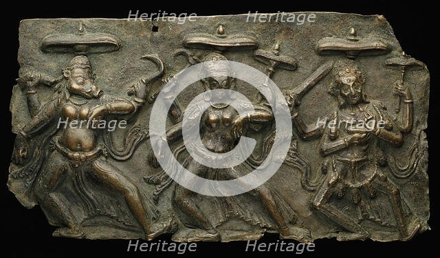 Fragment of Mother Goddesses (Matrika) Panel with Varahi, Kaumari, and Chamunda, 10th/11th century. Creator: Unknown.
