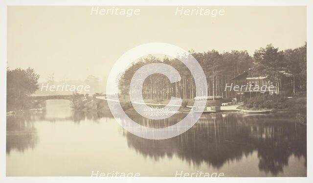 Untitled, c. 1850. [Bridge and chalet in the Bois de Boulogne, a park in Paris].  Creator: Charles Marville.