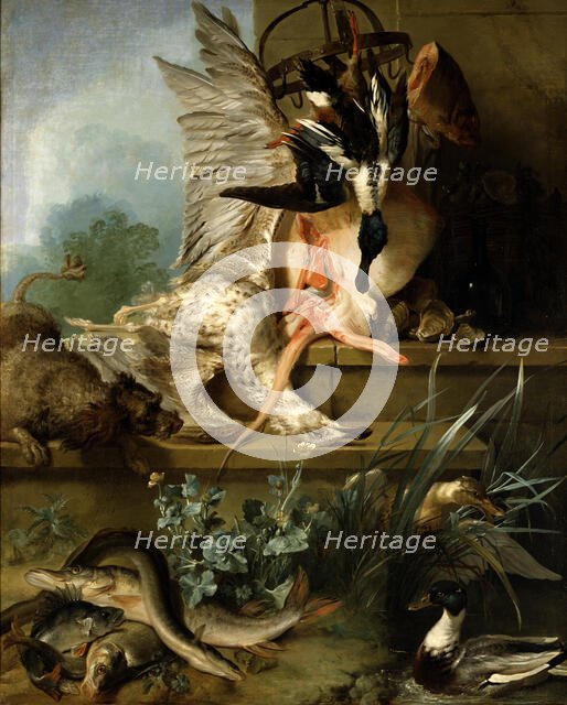 Still Life with a Spaniel Chasing Ducks ("Water"), 1719. Creator: Jean-Baptiste Oudry.