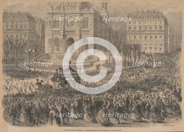 The funeral of Gioacchino Rossini. The funeral procession leaves the church, 1868. Creator: Blanchard, Henri Pierre Léon Pharamond (1805-1873).