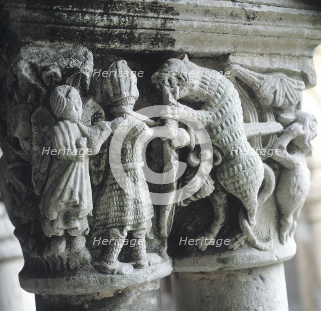 Capital of the Cloister of the Collegiate of Santillana del Mar, representing a knight slaying a …