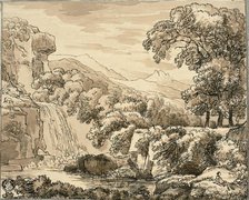 Mountain Landscape with Waterfall and Figures, n.d. Creator: Carl August Lebschee.