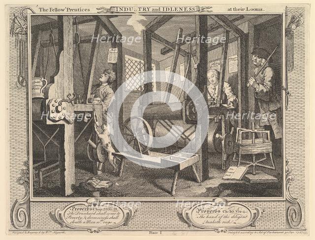 The Fellow 'Prentices at their Looms: Industry and Idleness, plate 1, September 30, 1747. Creator: William Hogarth.