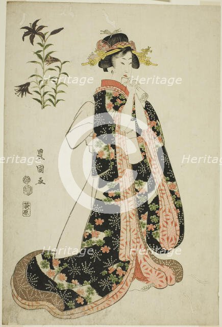 Lilies: young woman holding a letter, from an untitled series of beauties and flowers, 1812. Creator: Utagawa Toyokuni I.