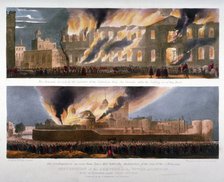 Two views of the destruction of the Armoury in the Tower of London by fire, 30 October 1841. Artist: W Kohler & Co