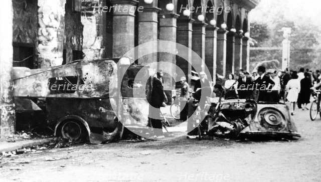 Burned out vehicles in the Rue de Castiglione, liberation of Paris, 25 August 1944. Artist: Unknown