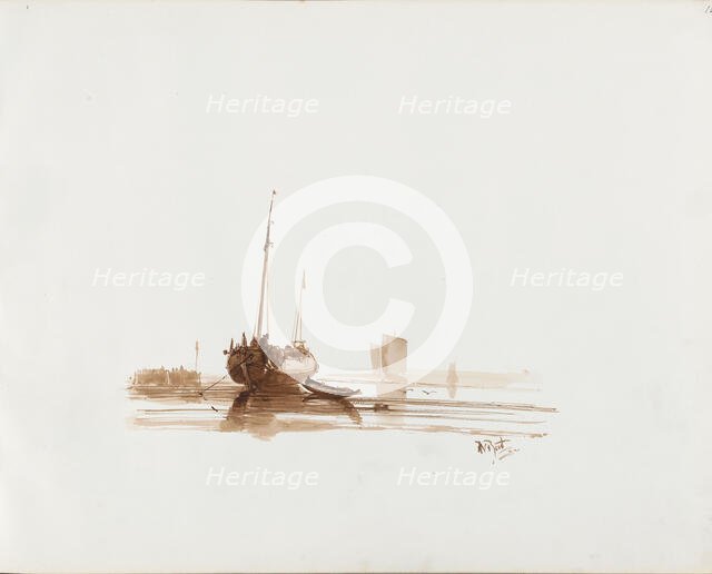 Sailing ship at anchor off the coast, 1830-1860.  Creator: Albertus van Beest.