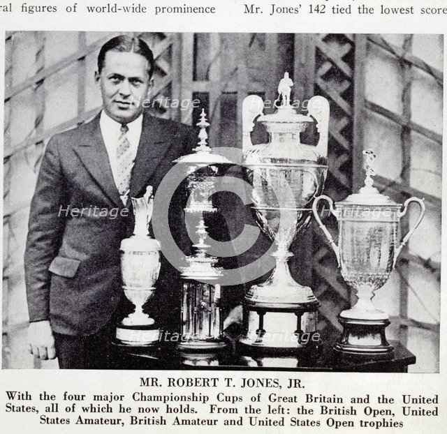 Bobby Jones (1902-72), American golfer, with Grand Slam trophies, 1930. Artist: Unknown