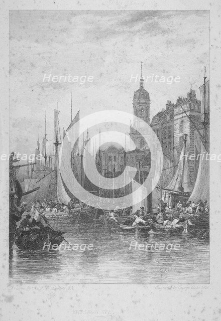 View of Billingsgate wharf with boats, City of London, 1828. Artist: Augustus Wall Callcott