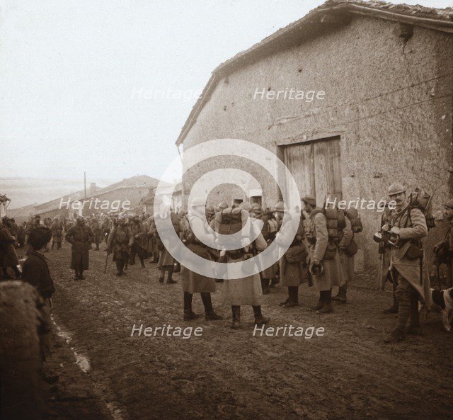 Troops with packs on backs, Somme, northern France, c1914-c1918. Artist: Unknown.
