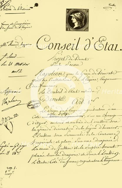 Draft decree on the form and composition of the imperial seal, 10 July 1804, (1921). Creator: Unknown.