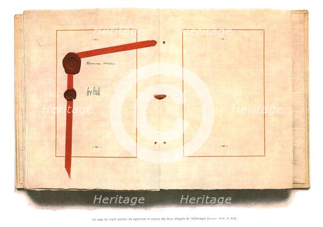 'La signature du traite de paix a Versailles; La page du traite portant les signatures et...,1919. Creator: Unknown.