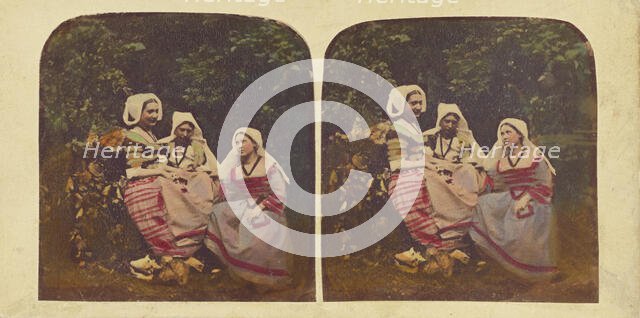 Three European women in native costumes, about 1860. Creator: D.X..