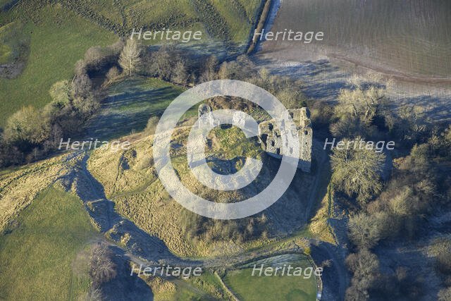 The remains of Clun Castle, a motte and bailey castle, Clun, Shropshire, 2024. Creator: Damian Grady.