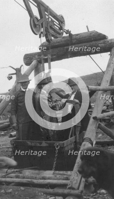 Frank G. Carpenter in middle of bucket at gold mine, between c1900 and 1916. Creator: Unknown.