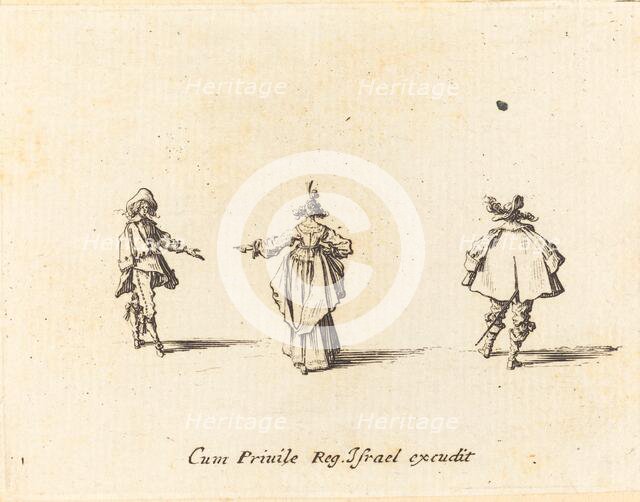 Lady with Outstretched Arm, Seen from Behind, and Two Gentlemen, probably 1634. Creator: Jacques Callot.