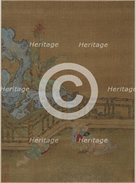 Three children playing on a garden terrace, Ming dynasty, 1368-1644. Creator: Unknown.