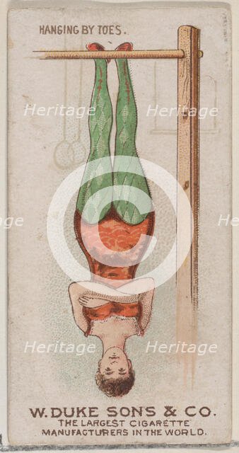 Hanging by Toes, from the Gymnastic Exercises series (N77) for Duke brand cigarettes, 1887., 1887. Creator: Unknown.