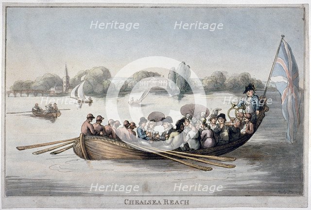 View showing figures in a rowing boat on the Thames at Chelsea Reach, London, 1799. Artist: Anon