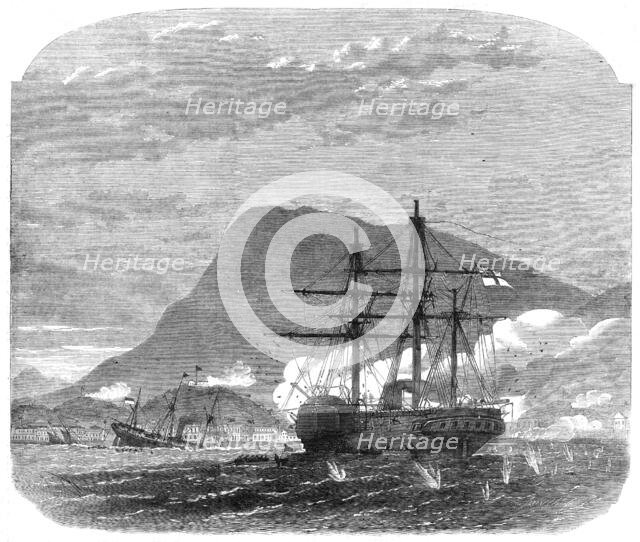 H.M S. Bulldog in conflict with the flotilla and forts at Cape Haytien, on the coast of Hayti, 1865. Creator: Smyth.