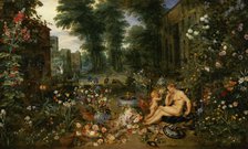 The Smell', represented by a naked nymph smelling flowers offered to her by a winged cherub, by J…