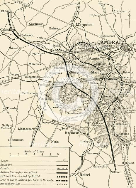 'Map illustrating the First Battles of Cambrai, November-December 1917', (c1920). Creator: Unknown.