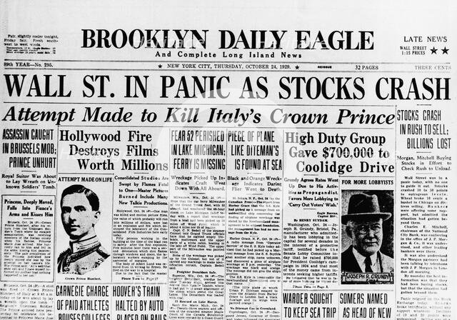 The Brooklyn Daily Eagle Front Page from October 24th, 1929: Stocks Crash - Great Depression, 1929. Creator: Historic Object.