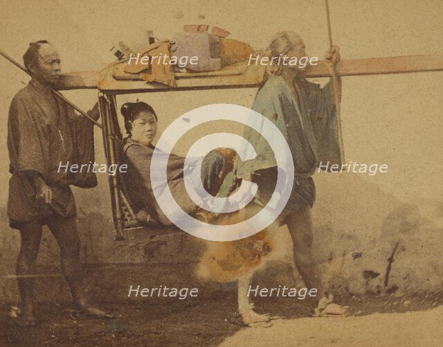 Japanese woman in a sedan, being carried by two men, 1865-1875. Creator: Unknown.