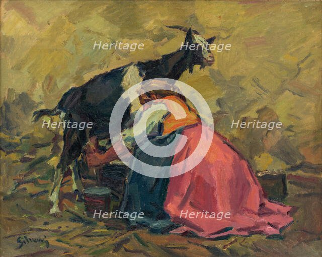 Milking, around 1937. Creator: Gustav Mally.