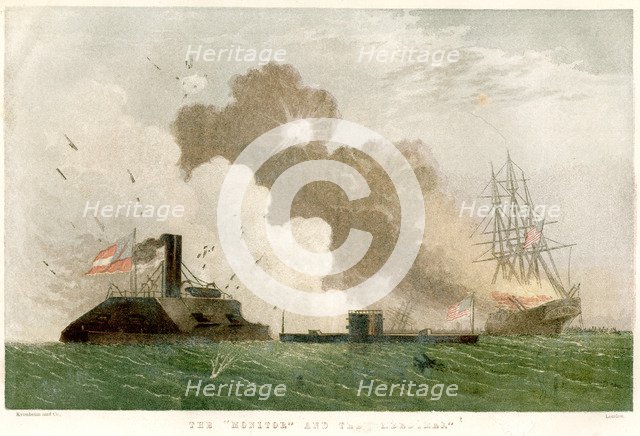Battle between the 'Monitor' and the 'Merrimac', American Civil War, 1862 (1864). Artist: Unknown