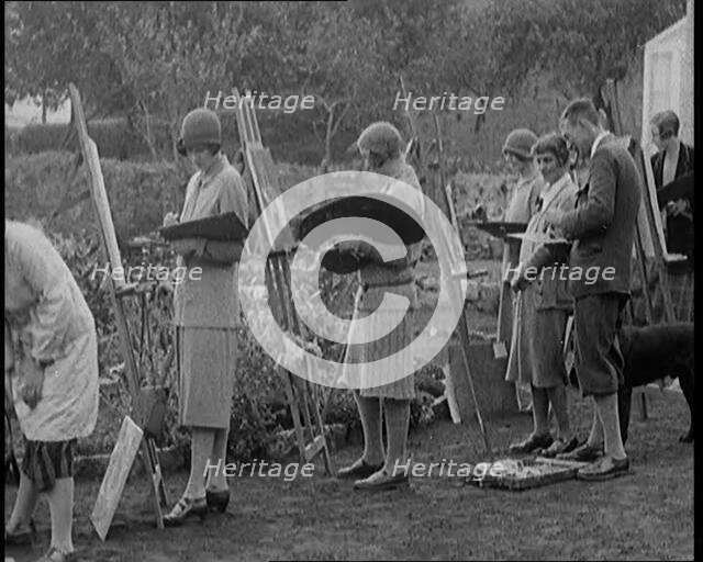 Female Civilians Outdoors Painting at Easels in an Art Class, 1920. Creator: British Pathe Ltd.