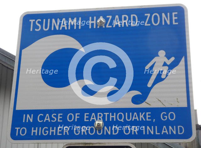 Tsunami warning road sign, British Columbia, Canada 2018. Creator: Unknown.